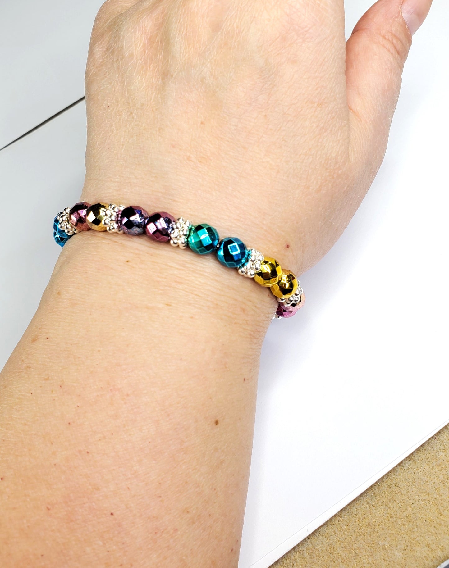 Beautiful Hematite Rainbow Faceted Crystal Stretch Hematite Bracelet