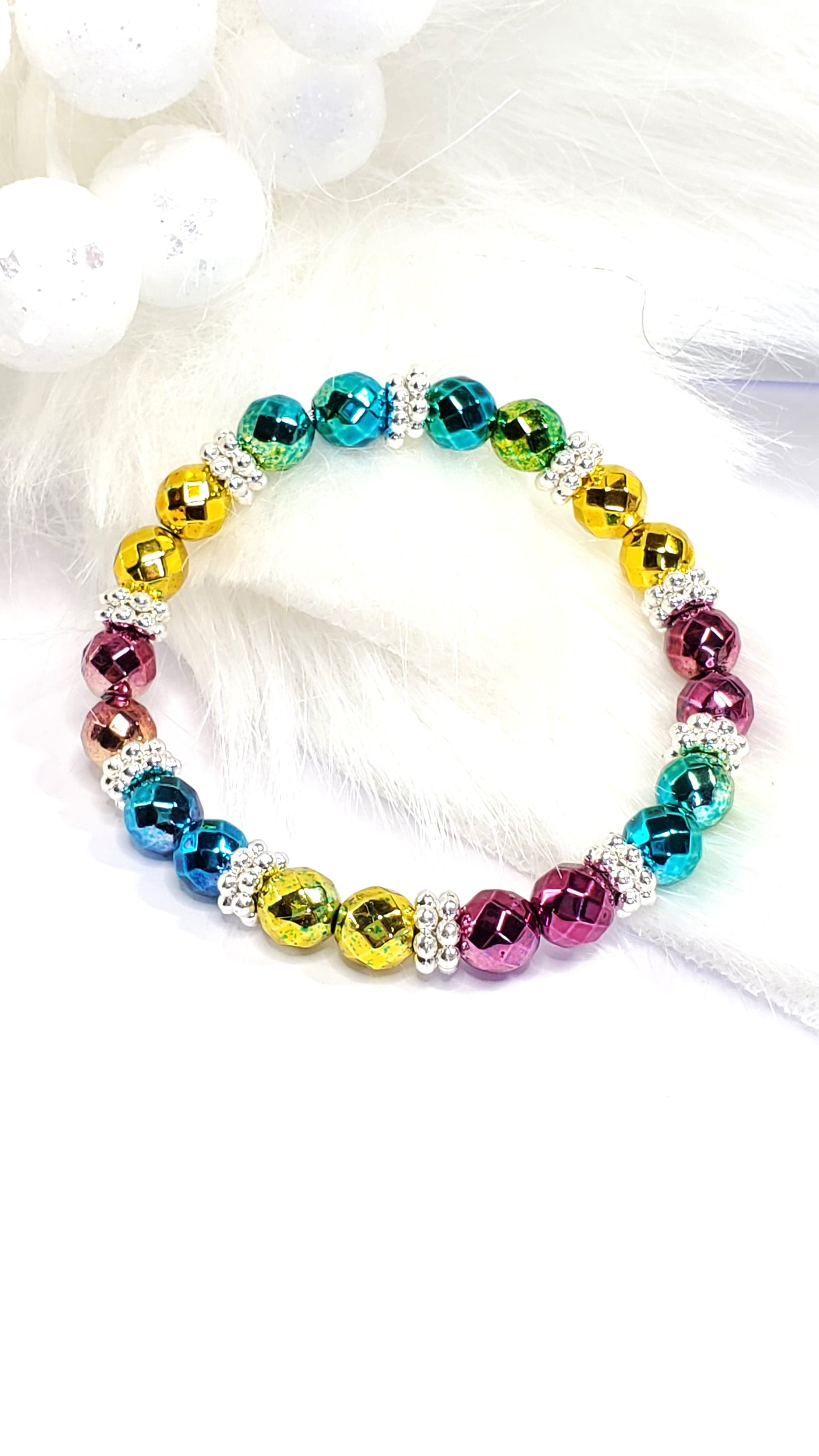 Beautiful Hematite Rainbow Faceted Crystal Stretch Hematite Bracelet