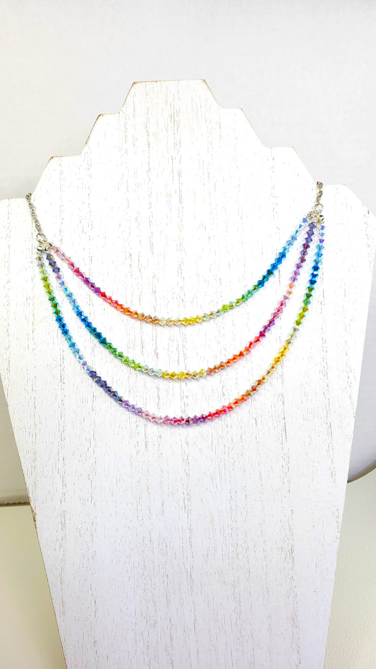 Multi Rainbow Color Three Strand Crystal Beaded Necklace