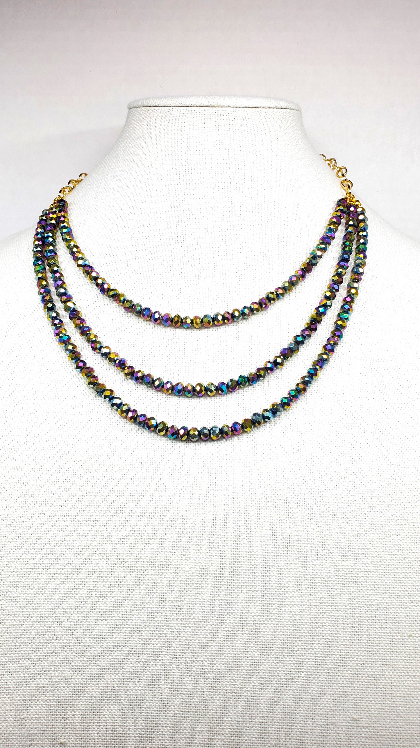 Rainbow Colors Three Strand Crystal Beaded Necklace