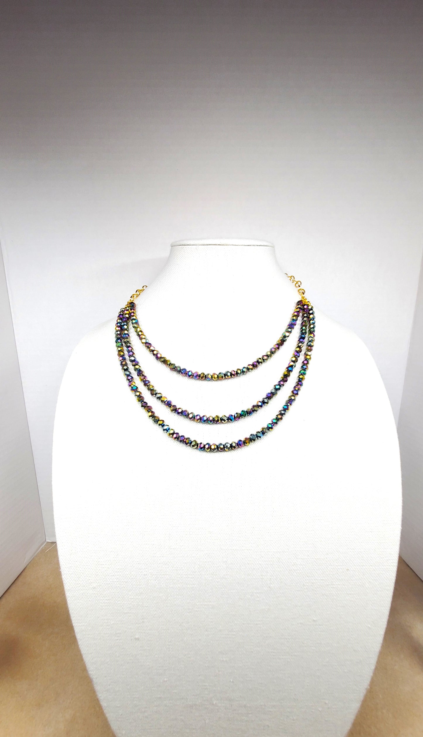 Rainbow Colors Three Strand Crystal Beaded Necklace