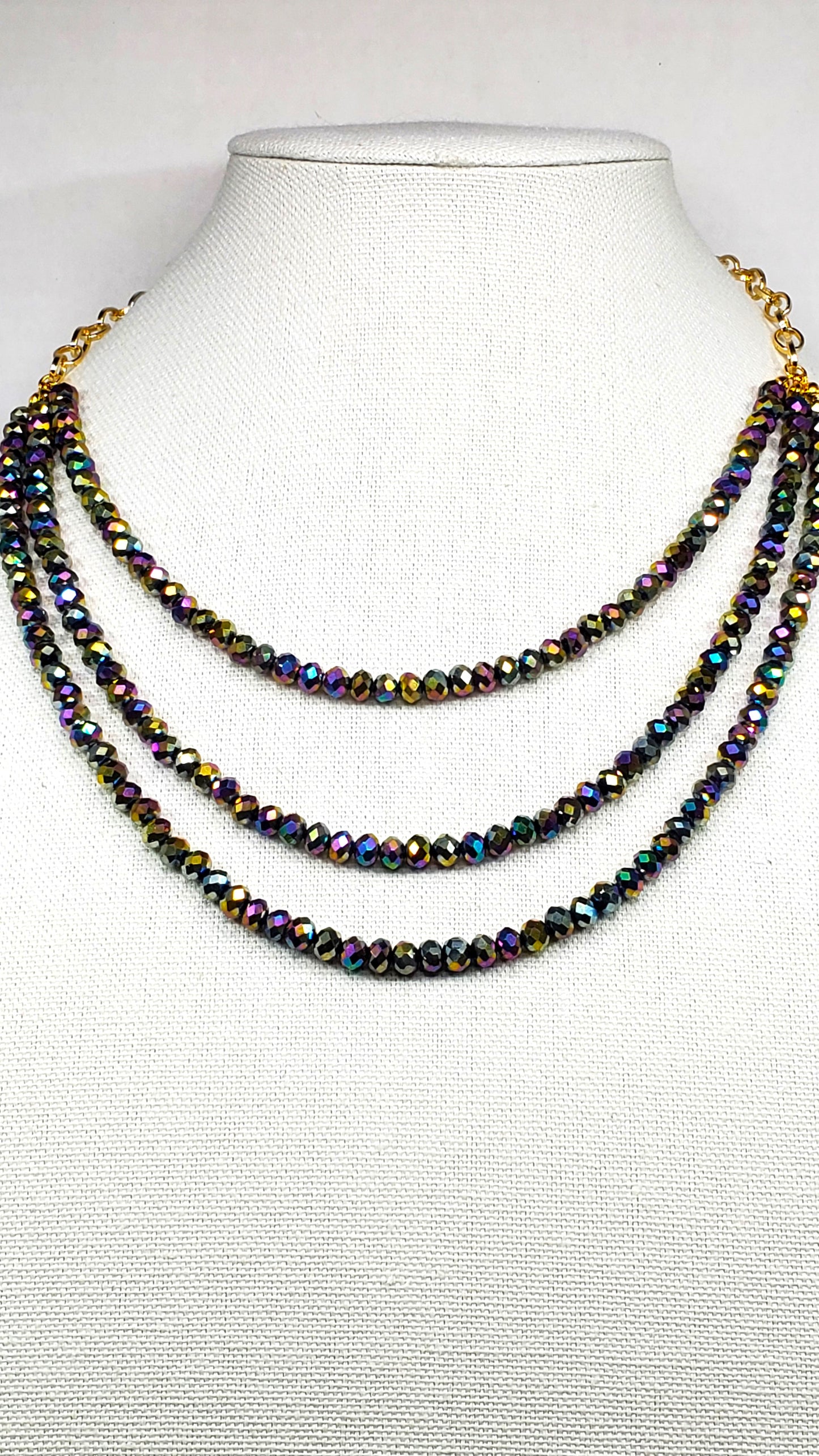 Rainbow Colors Three Strand Crystal Beaded Necklace