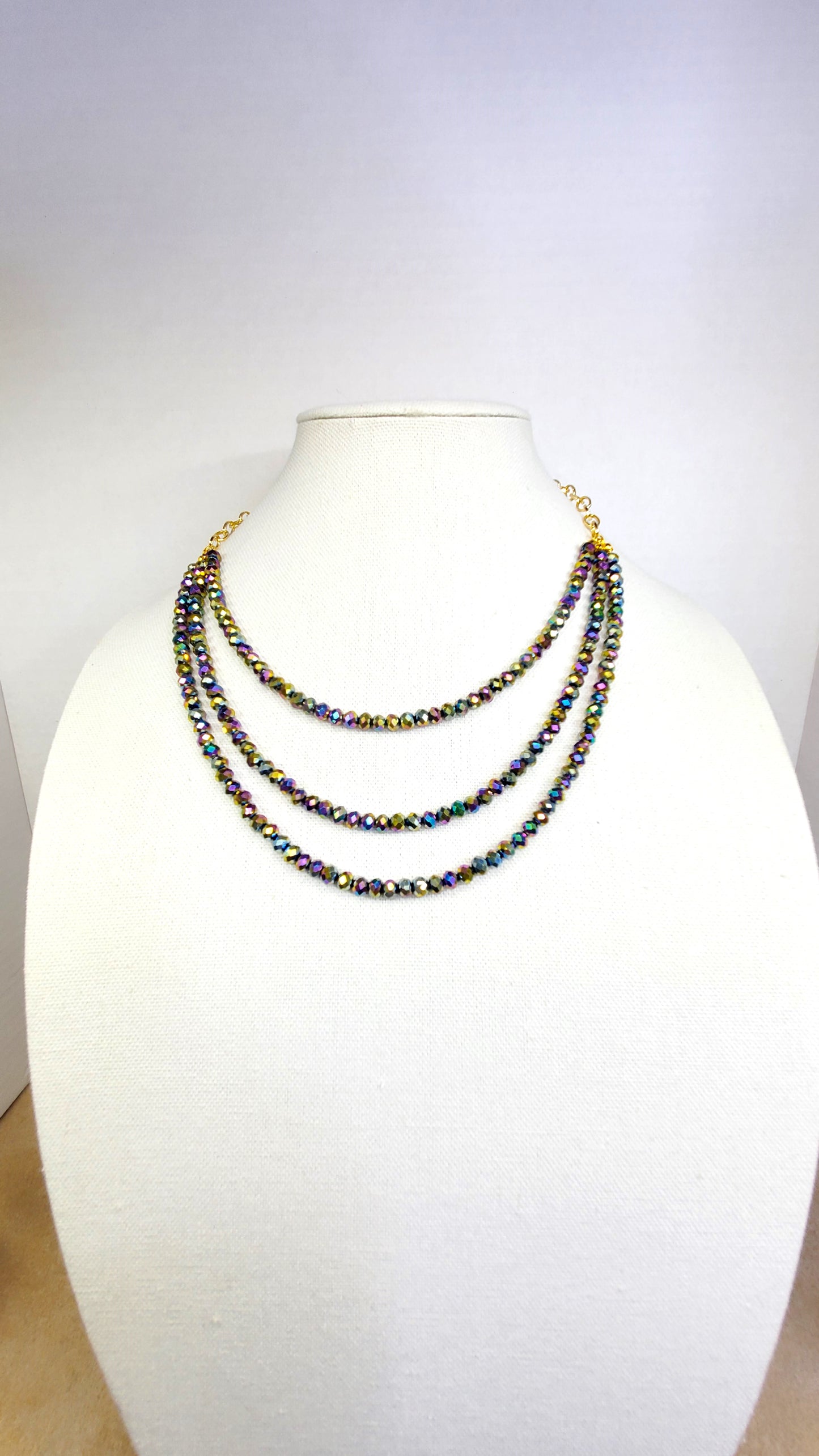 Rainbow Colors Three Strand Crystal Beaded Necklace