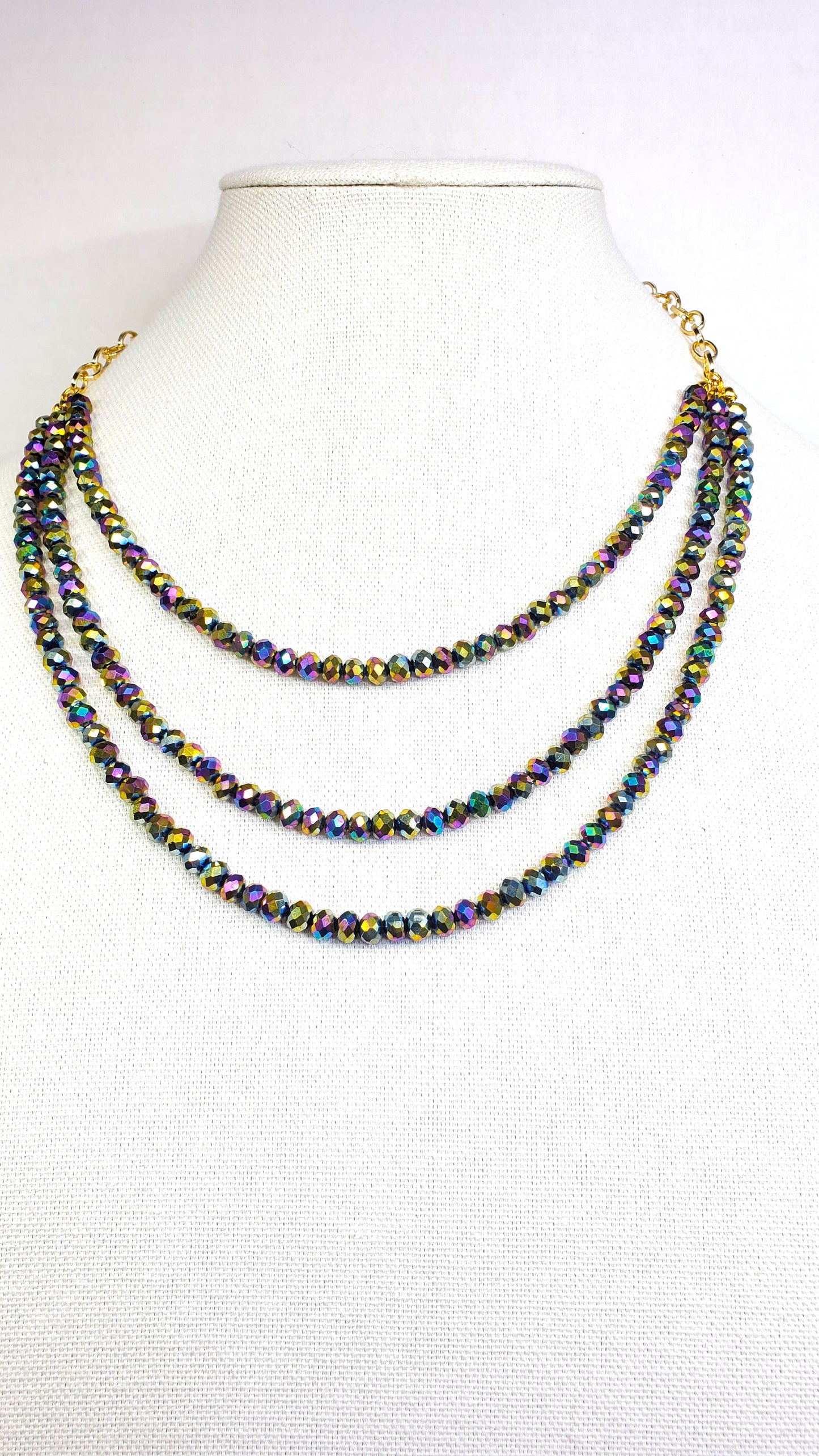 Rainbow Colors Three Strand Crystal Beaded Necklace