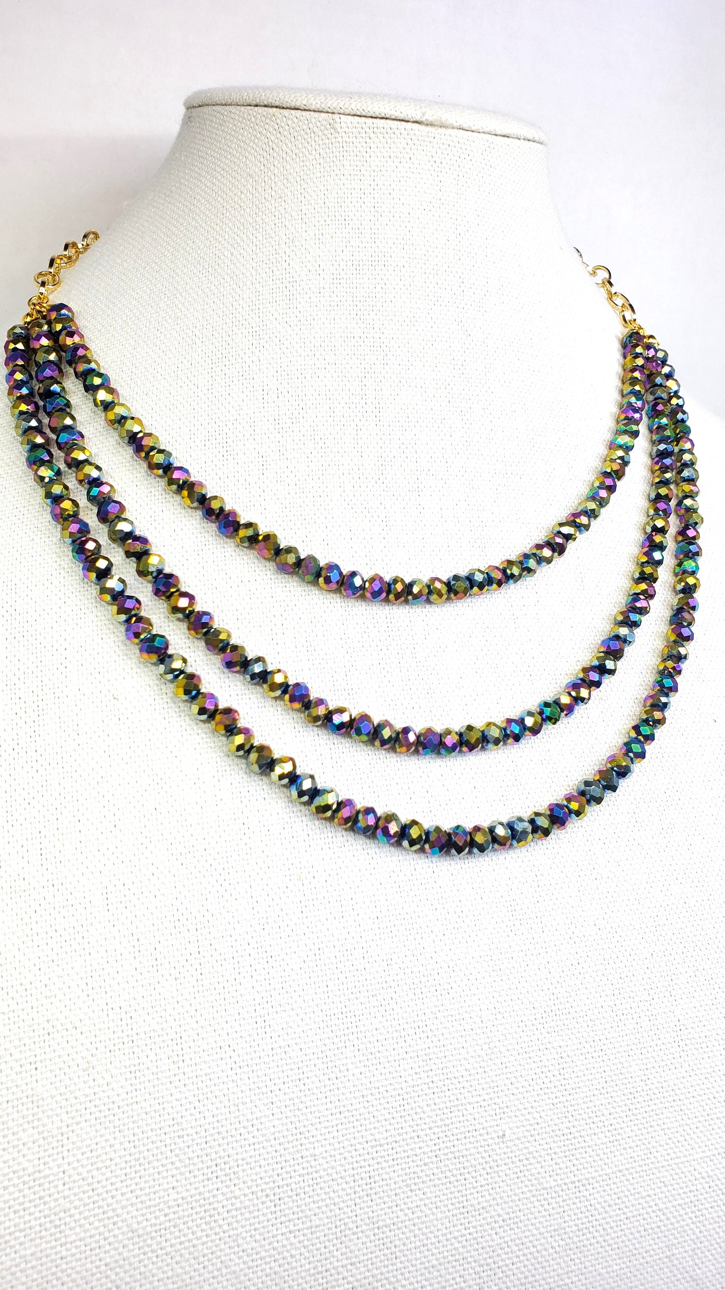 Rainbow Colors Three Strand Crystal Beaded Necklace