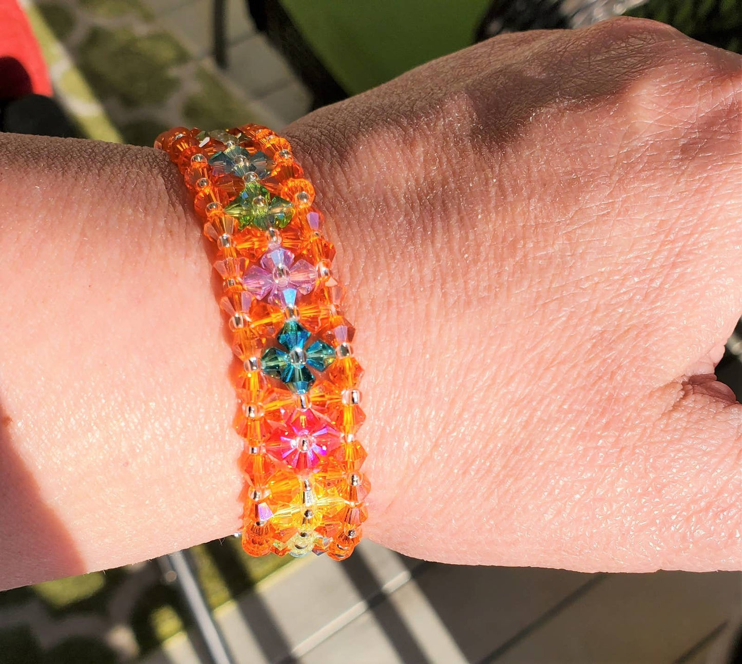 Crystal Bracelet Orange Bracelet Hand-crafted Preciosa Crystal Bicone Flower Bracelet Beaded Bracelet Rainbow Jewelry