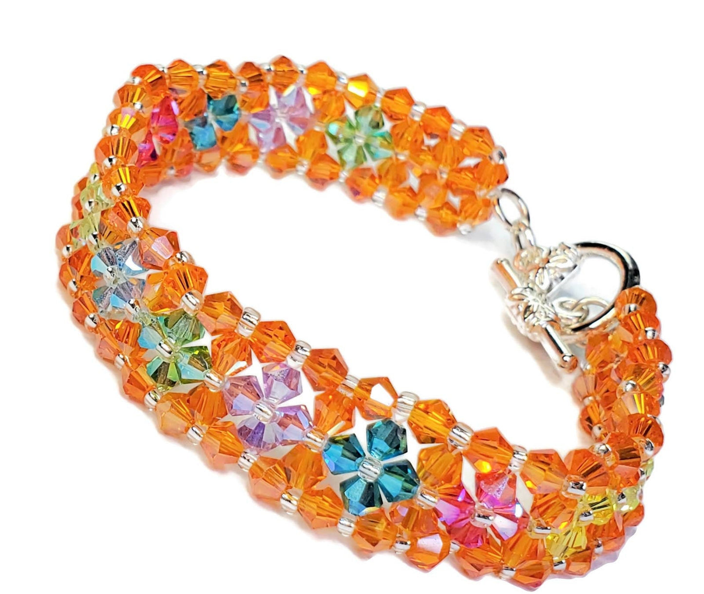 Crystal Bracelet Orange Bracelet Hand-crafted Preciosa Crystal Bicone Flower Bracelet Beaded Bracelet Rainbow Jewelry