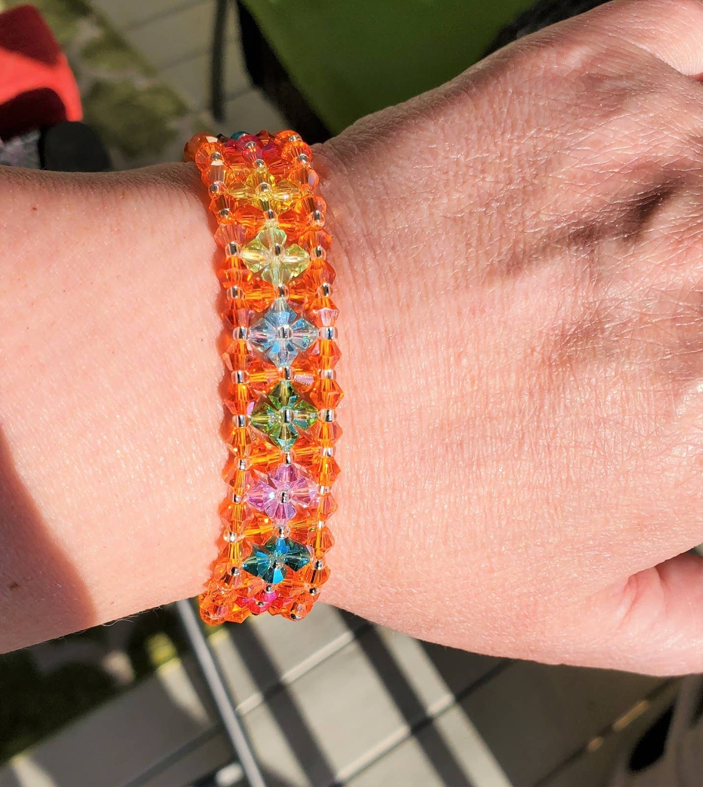 Crystal Bracelet Orange Bracelet Hand-crafted Preciosa Crystal Bicone Flower Bracelet Beaded Bracelet Rainbow Jewelry