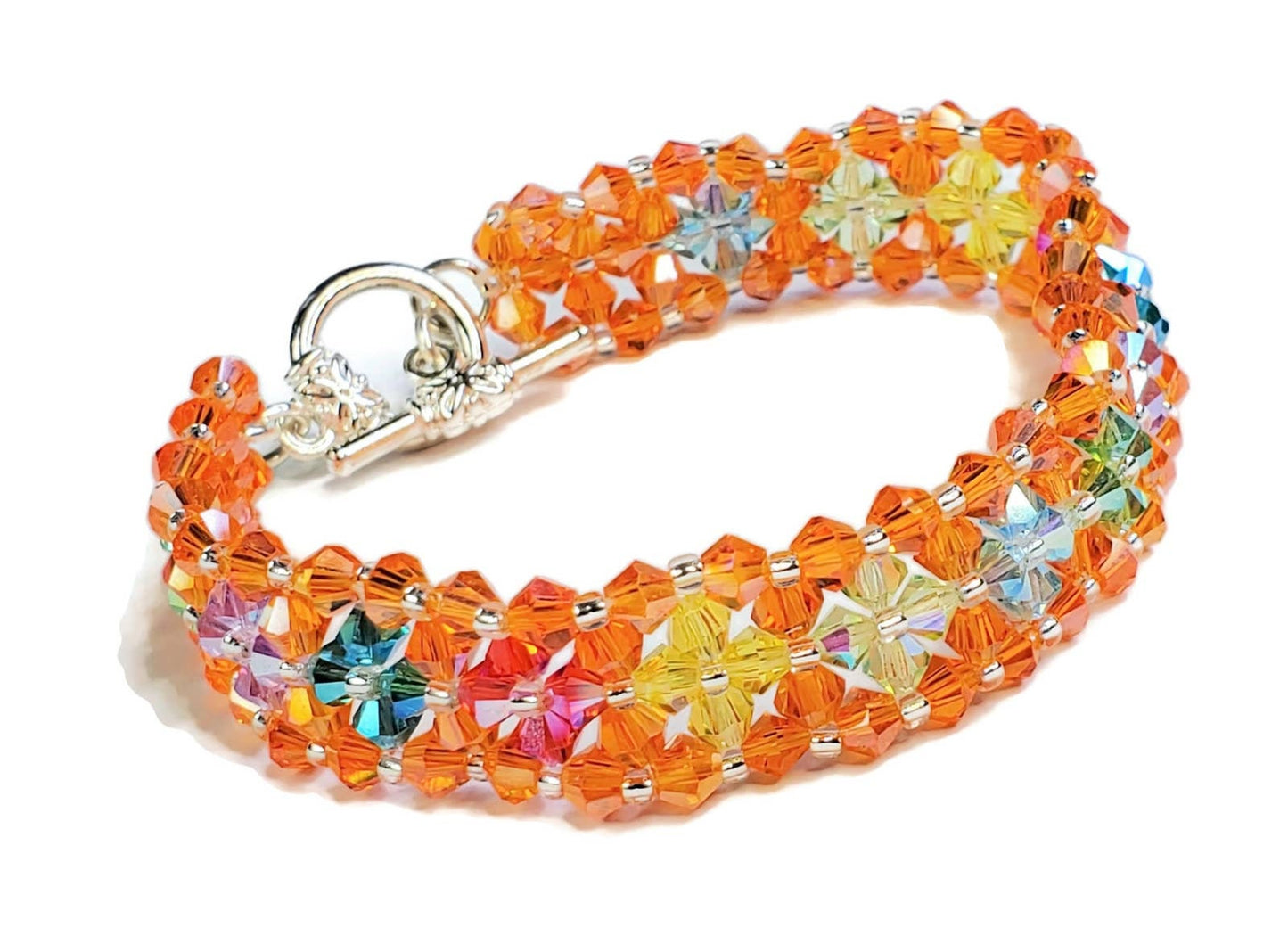 Crystal Bracelet Orange Bracelet Hand-crafted Preciosa Crystal Bicone Flower Bracelet Beaded Bracelet Rainbow Jewelry