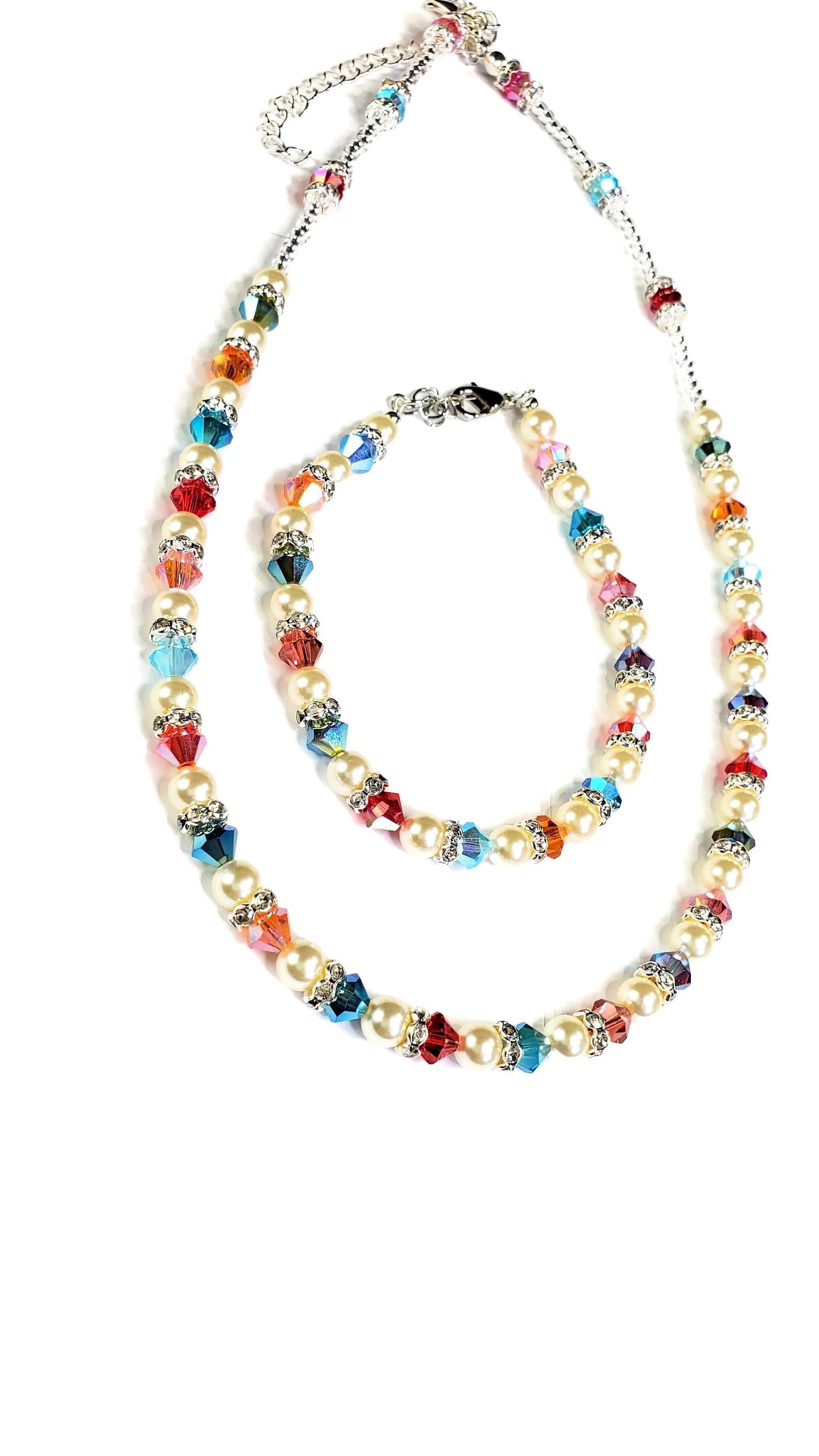 Multi Rainbow Color Crystal Beaded Pearl Necklace and Bracelet Set Wedding Jewelry