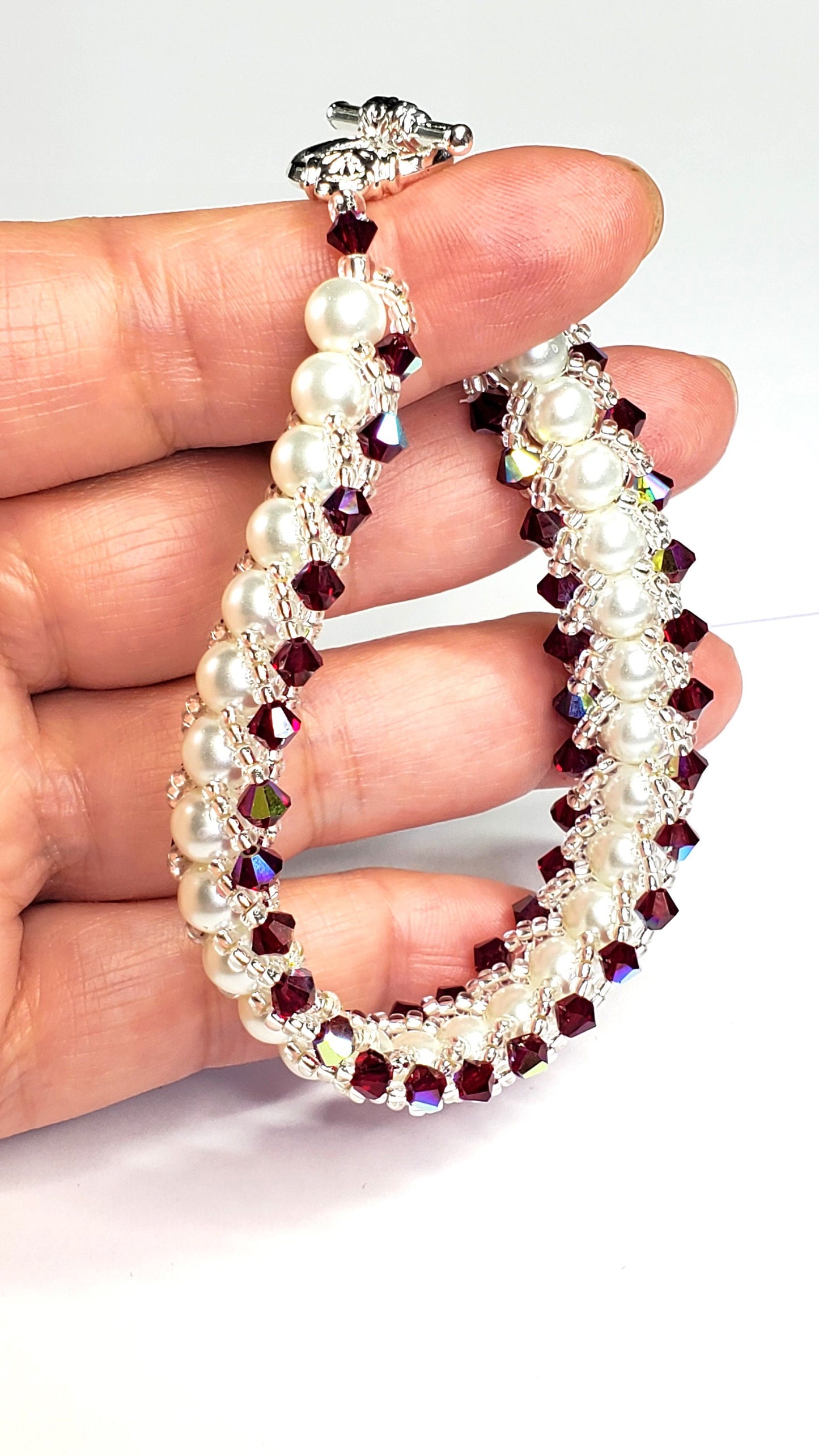 Red Crystal and Glass Pearl Beaded Bracelet Wedding Bracelet