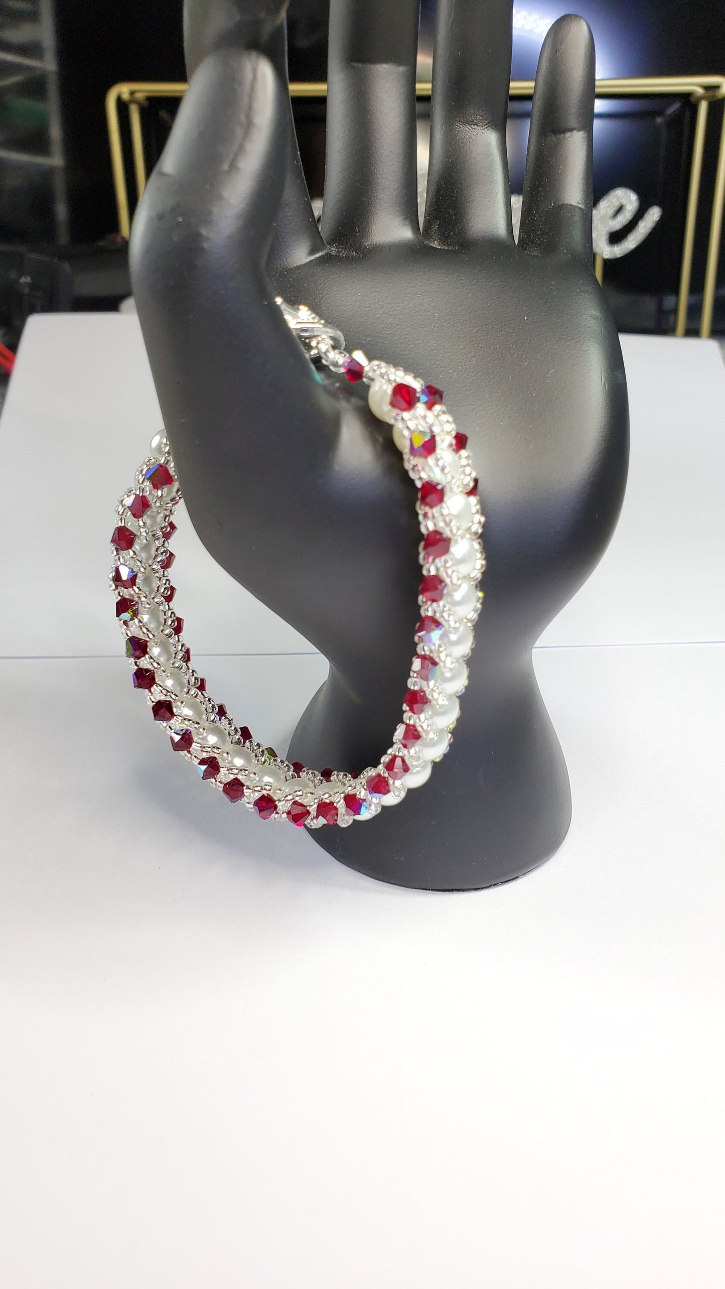 Red Crystal and Glass Pearl Beaded Bracelet Wedding Bracelet