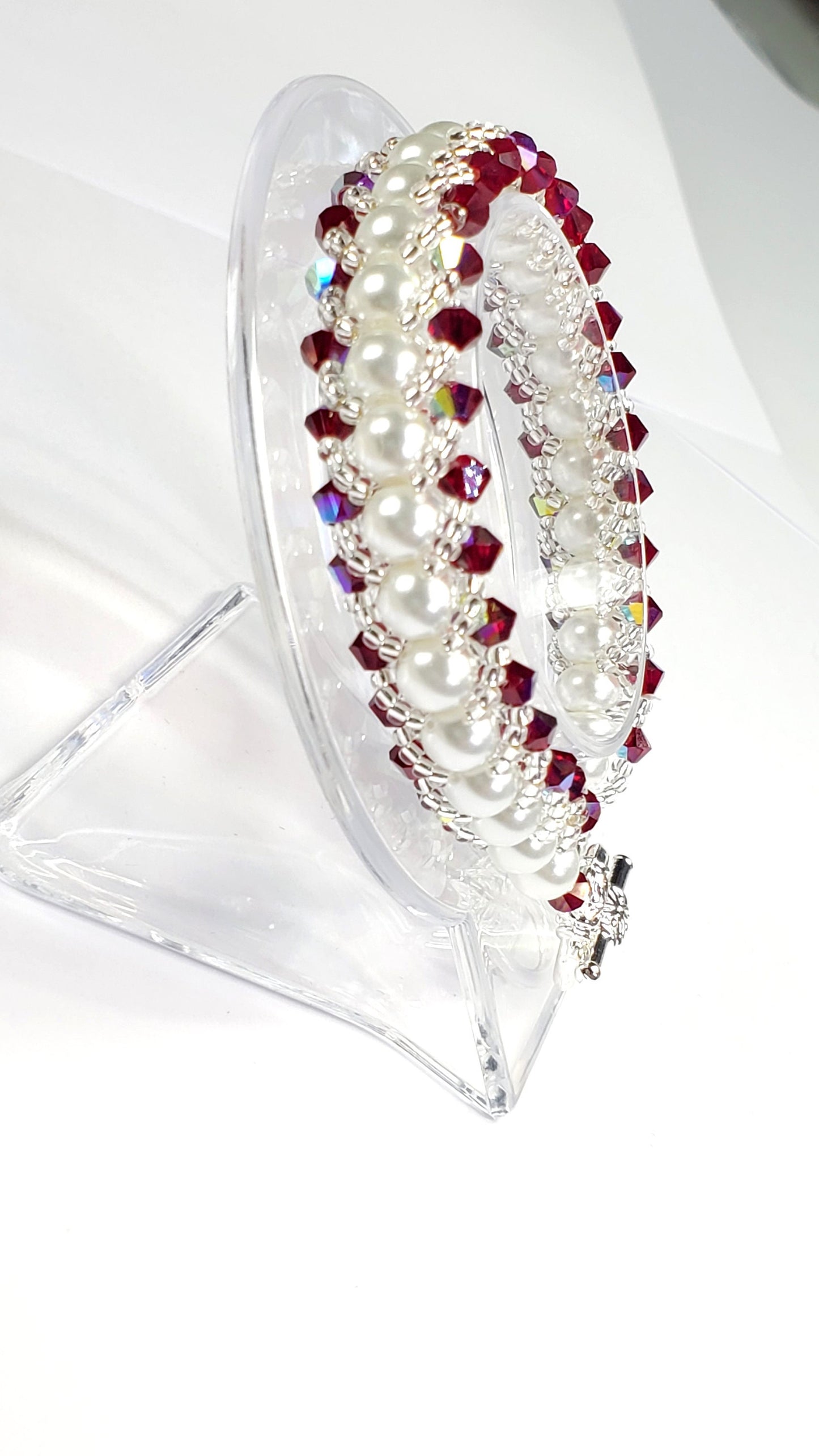 Red Crystal and Glass Pearl Beaded Bracelet Wedding Bracelet