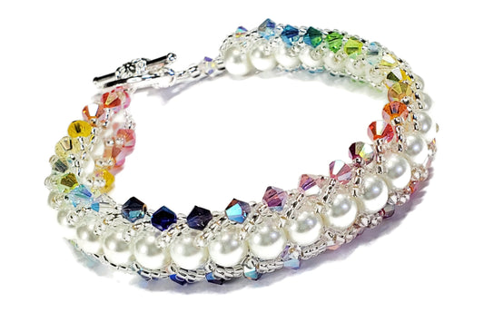 Multi Rainbow Preciosa Crystal and Glass Pearl Beaded Bracelet Flat Spiral Bracelet Wedding Bracelet