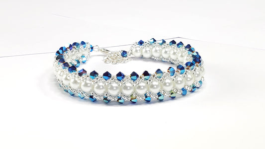 Blue Crystal and Glass Pearl Beaded Bracelet Wedding Bracelet