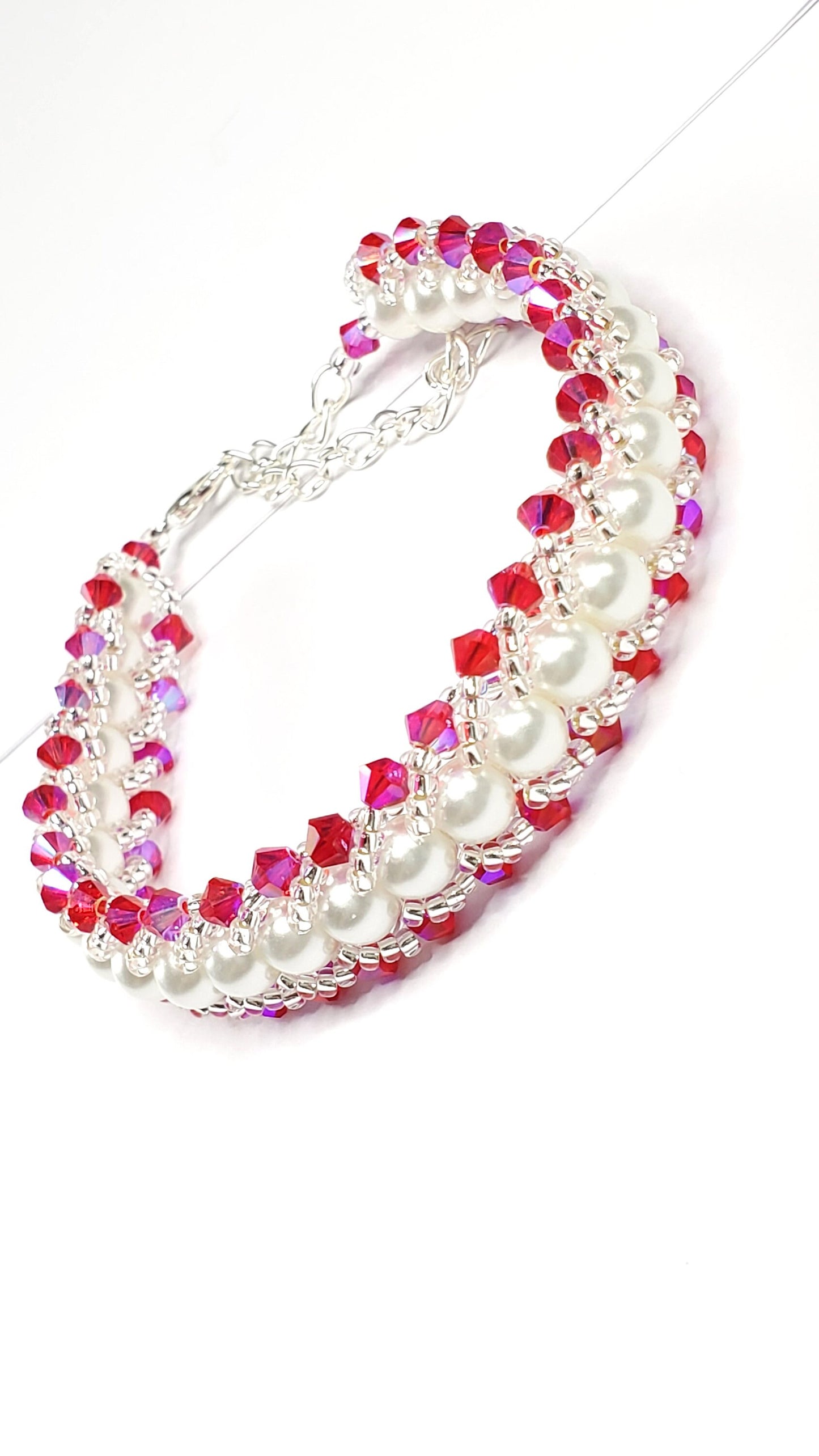 Fuchsia Crystals and White Glass Pearl Beaded Bracelet Valentines day