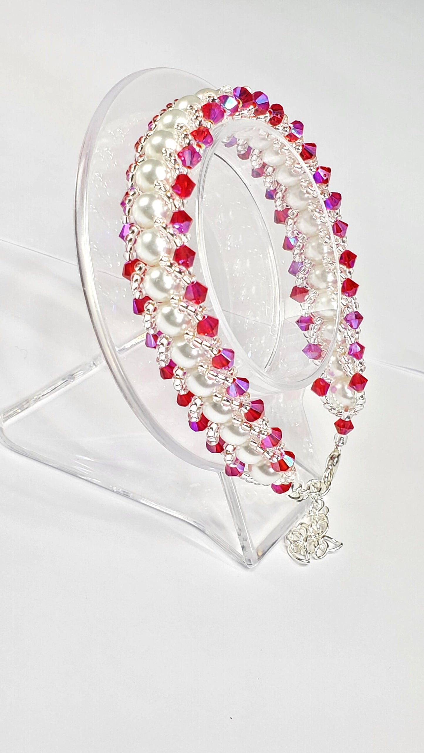 Fuchsia Crystals and White Glass Pearl Beaded Bracelet Valentines day