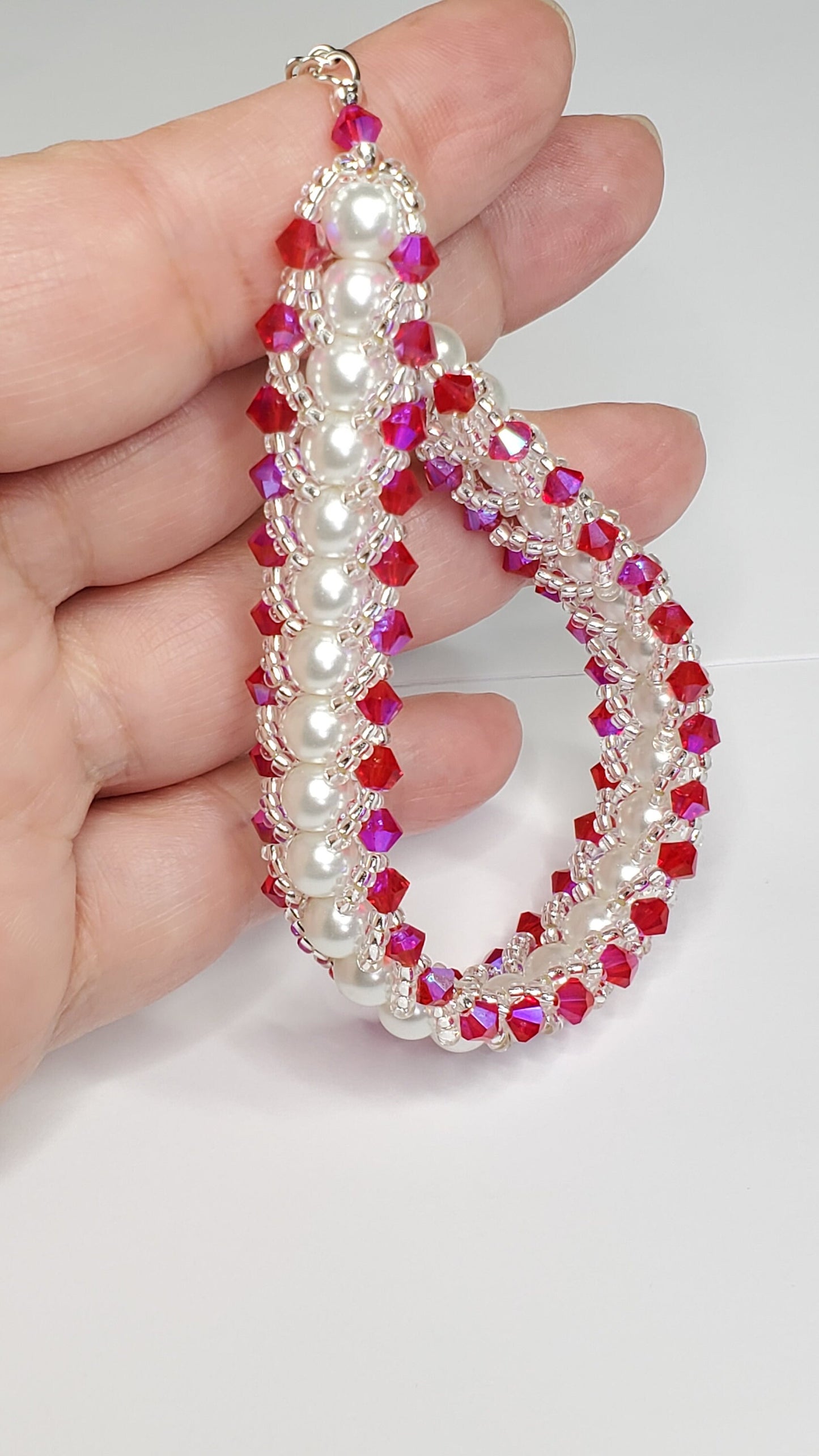 Fuchsia Crystals and White Glass Pearl Beaded Bracelet Valentines day