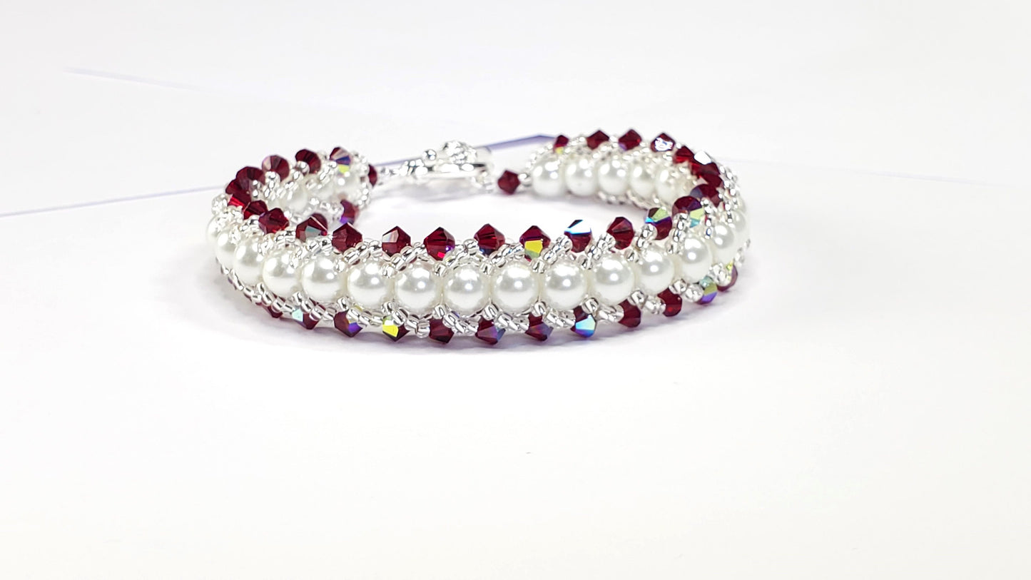 Red Crystal and Glass Pearl Beaded Bracelet Wedding Bracelet