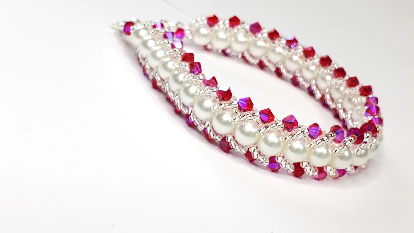 Fuchsia Crystals and White Glass Pearl Beaded Bracelet Valentines day