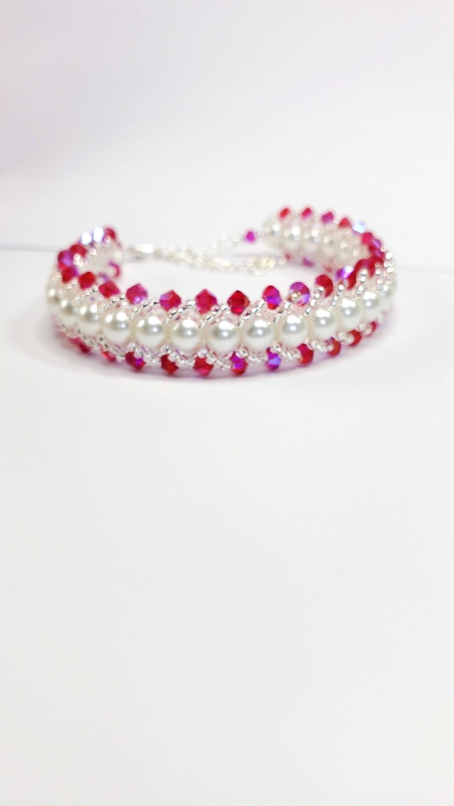 Fuchsia Crystals and White Glass Pearl Beaded Bracelet Valentines day