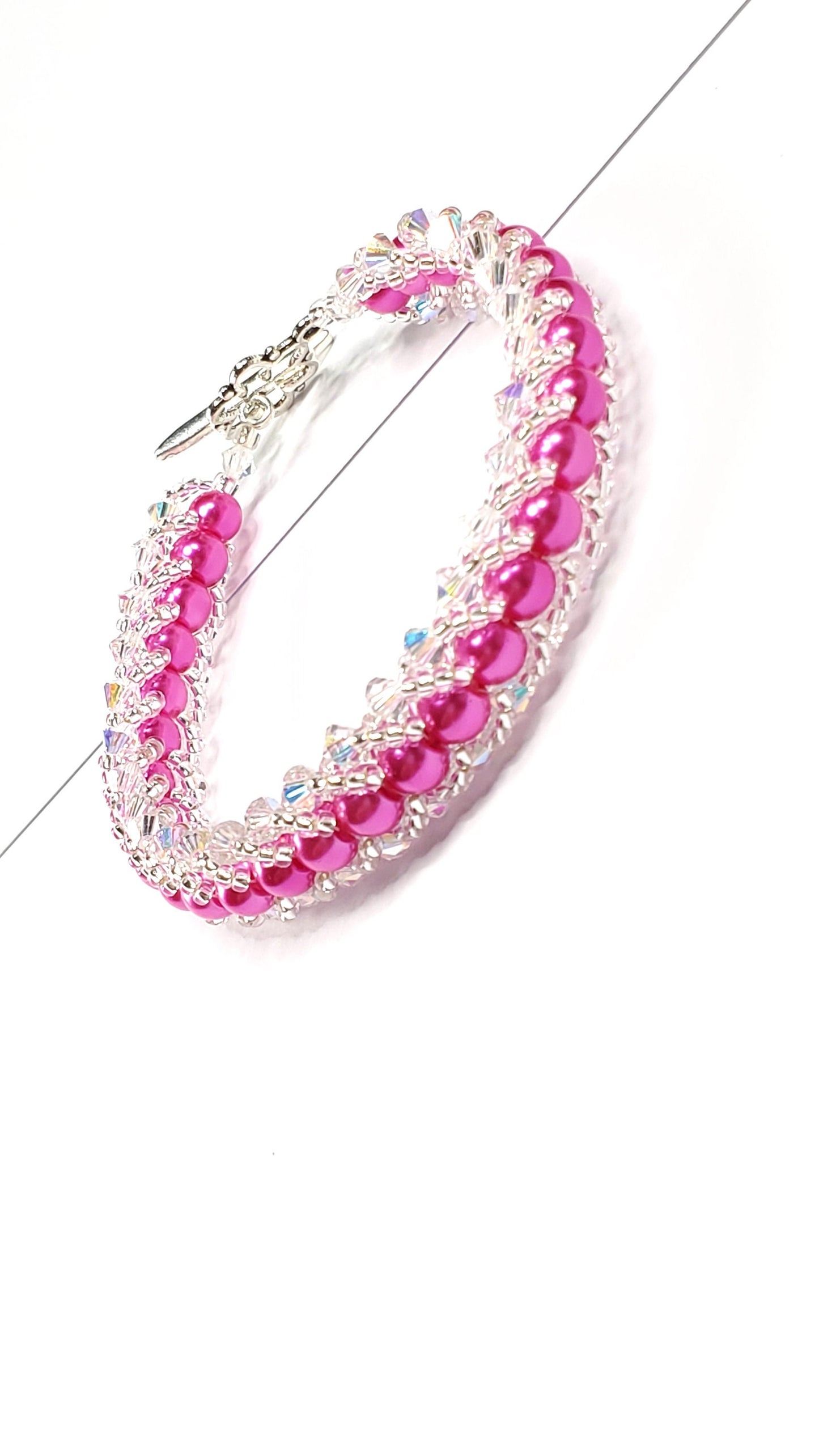 Pink Glass Pearl Bracelet with Aurora Borealis Preciosa Bicone Crystals