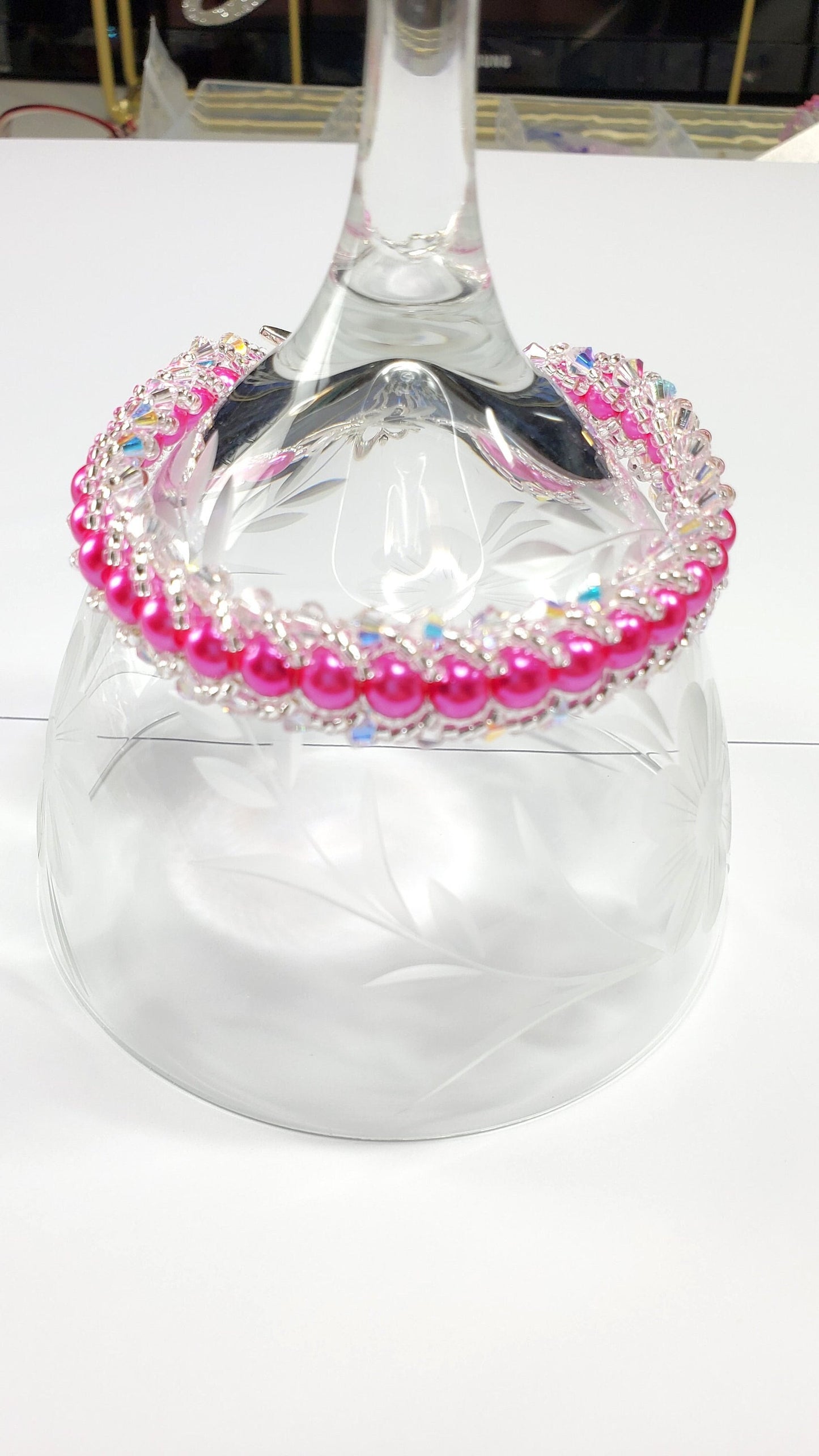 Pink Glass Pearl Bracelet with Aurora Borealis Preciosa Bicone Crystals