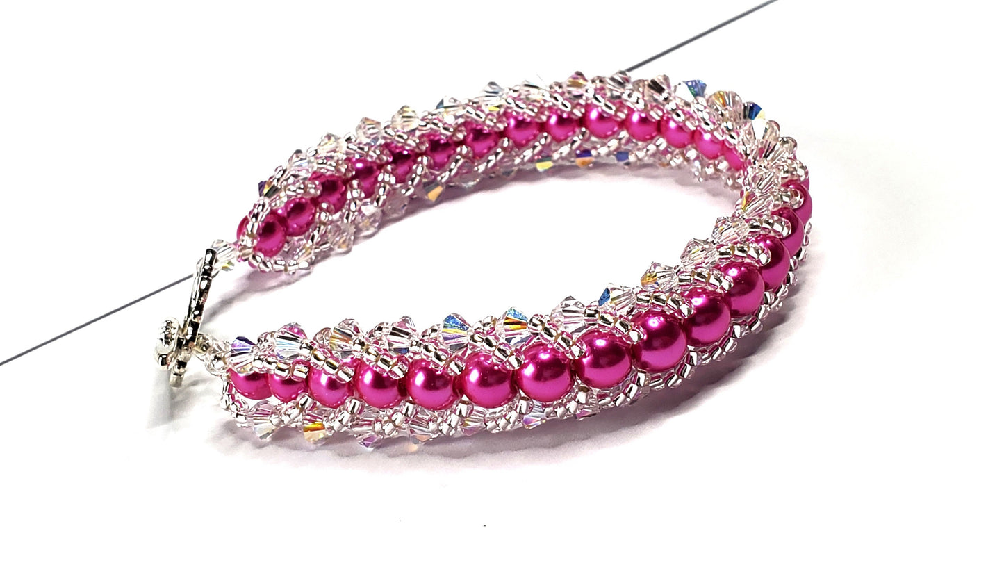 Pink Glass Pearl Bracelet with Aurora Borealis Preciosa Bicone Crystals