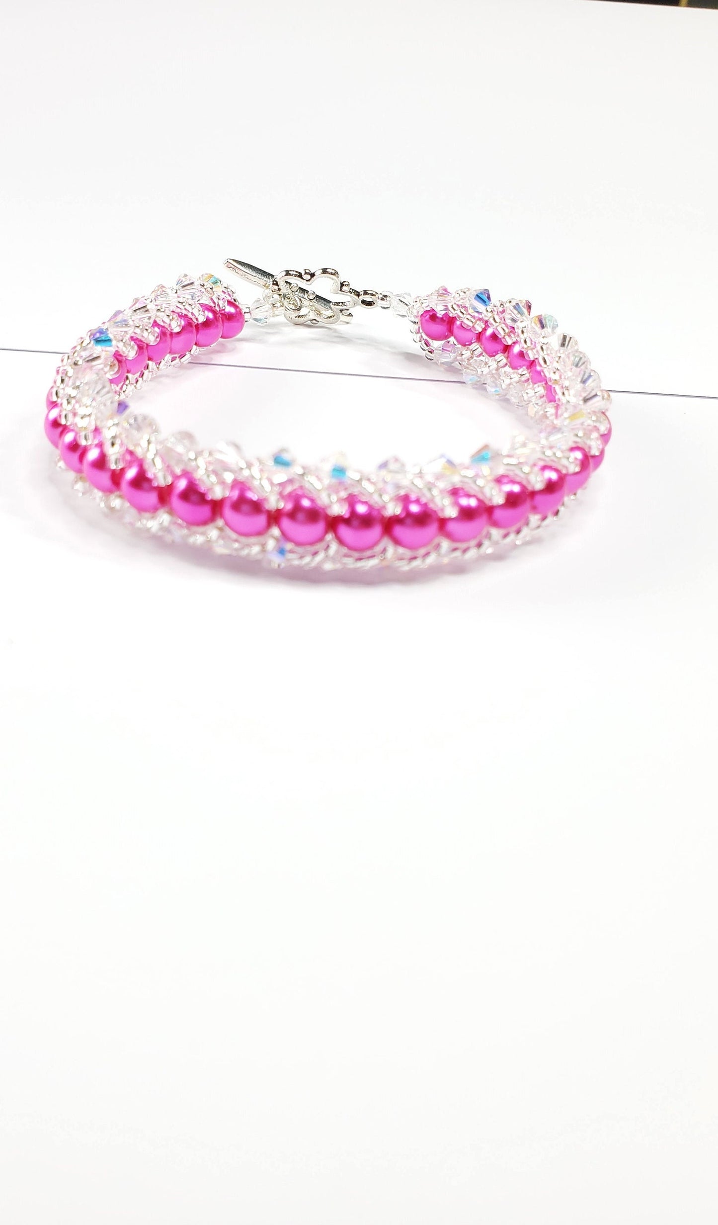 Pink Glass Pearl Bracelet with Aurora Borealis Preciosa Bicone Crystals