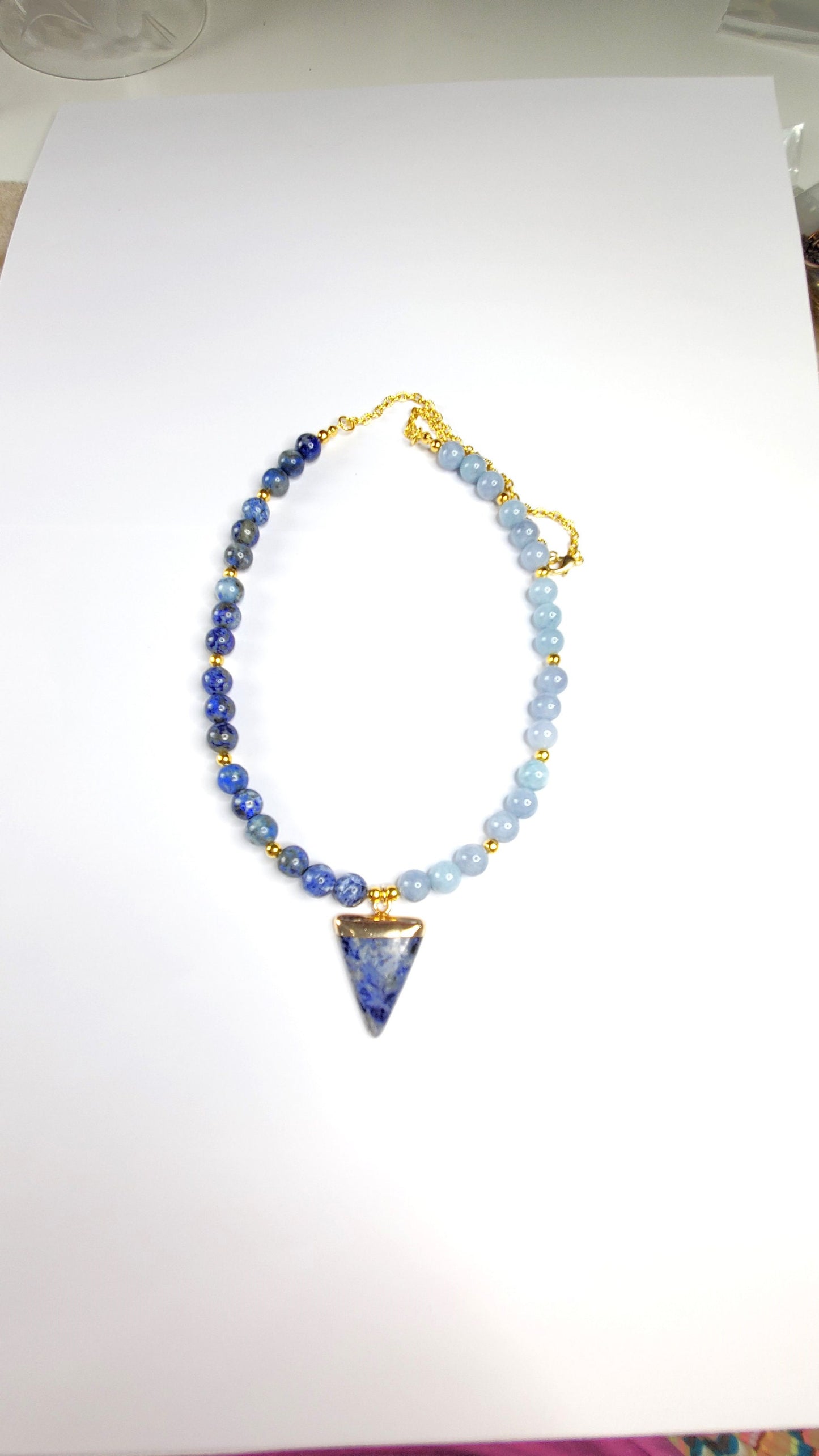 Sodalite and Agate Necklace Blue & Gold Gemstone Necklace with Agate, Sodalite, along with a Sodalite and Brass Pendant