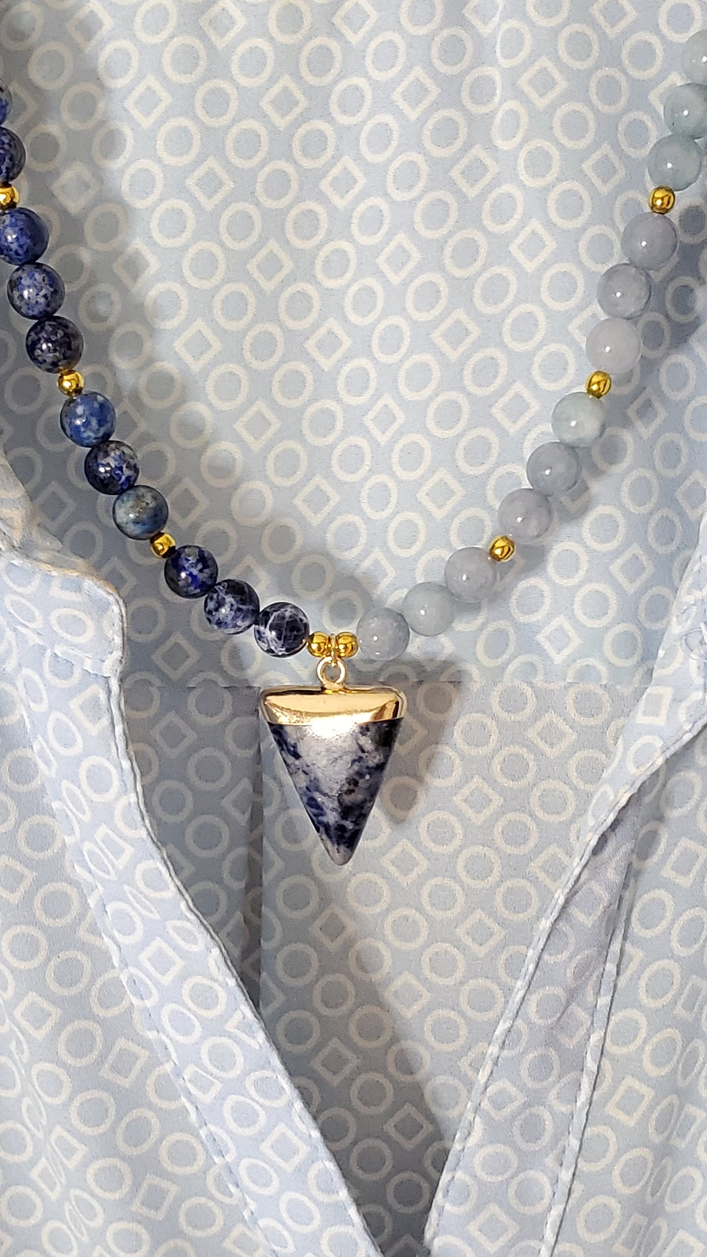 Sodalite and Agate Necklace Blue & Gold Gemstone Necklace with Agate, Sodalite, along with a Sodalite and Brass Pendant