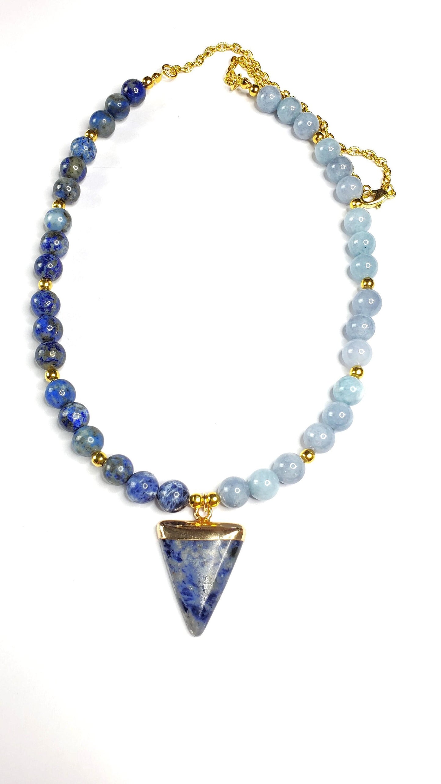 Sodalite and Agate Necklace Blue & Gold Gemstone Necklace with Agate, Sodalite, along with a Sodalite and Brass Pendant