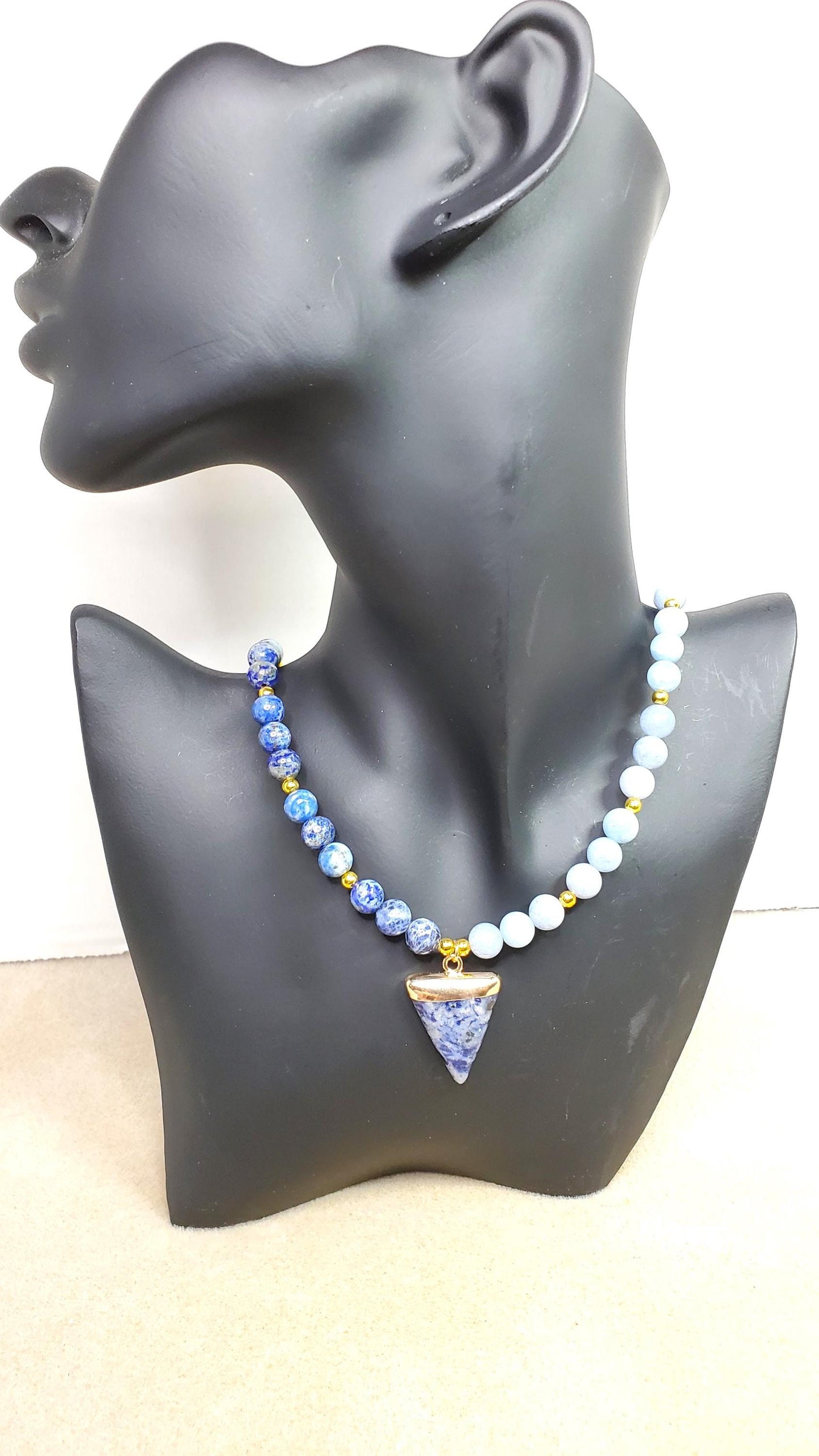 Sodalite and Agate Necklace Blue & Gold Gemstone Necklace with Agate, Sodalite, along with a Sodalite and Brass Pendant