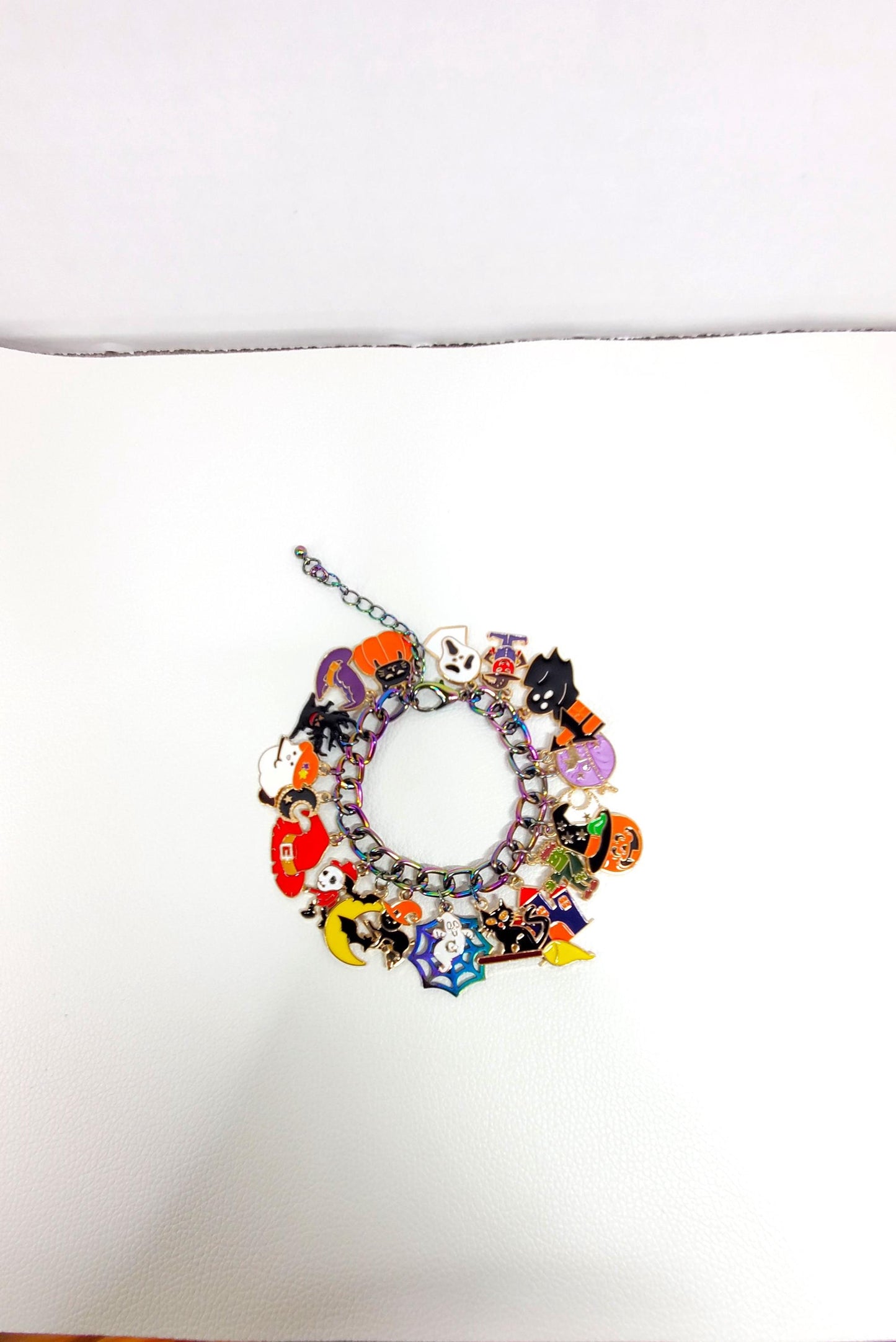 Halloween Charm Bracelet, Pumpkins, Ghost, Spider Webs, Cat, Moon