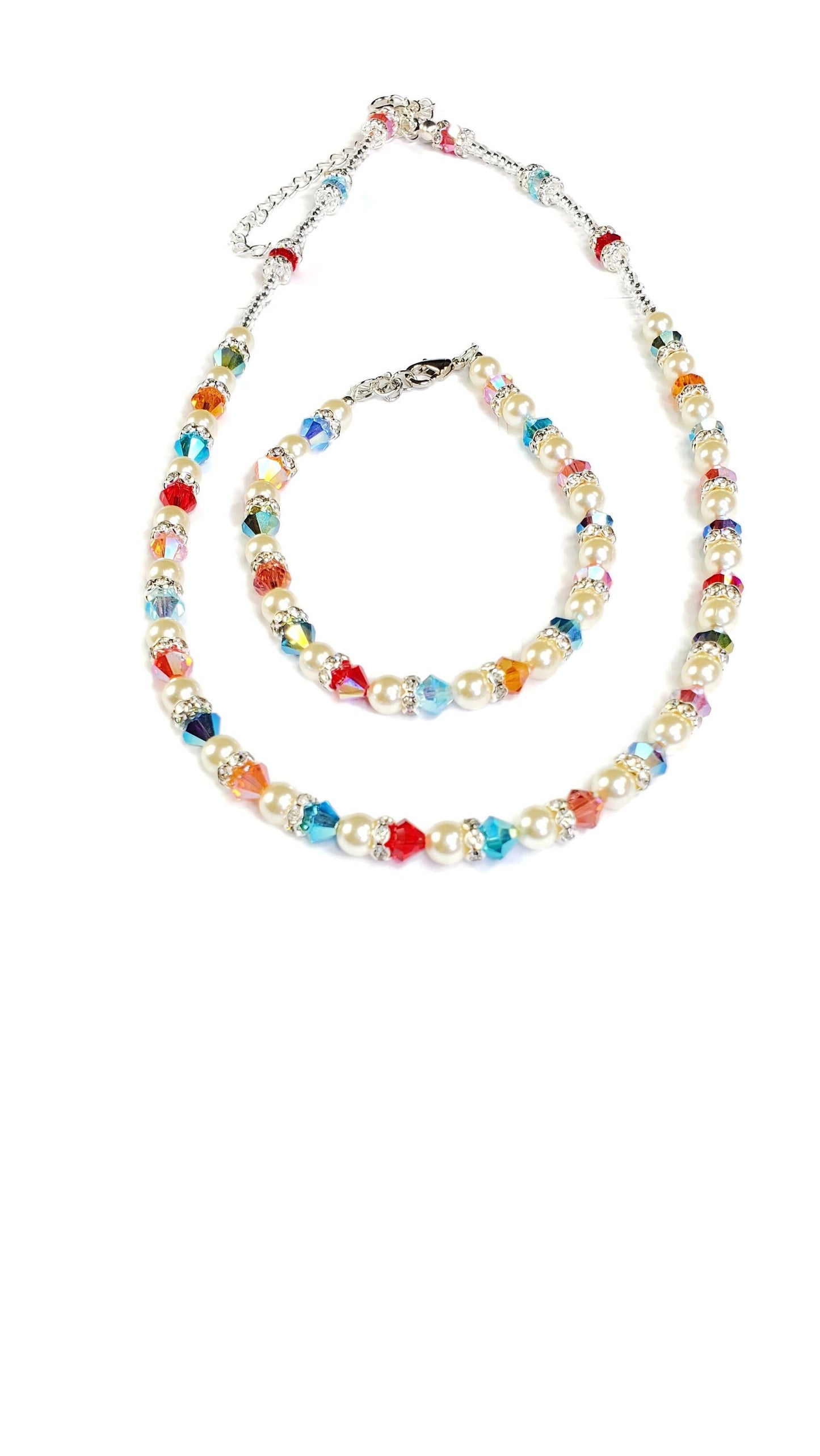 Multi Rainbow Color Crystal Beaded Pearl Necklace and Bracelet Set Wedding Jewelry