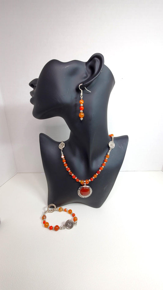 Carnelian Necklace Set, Natural Gemstone Jewelry, Three Piece Set