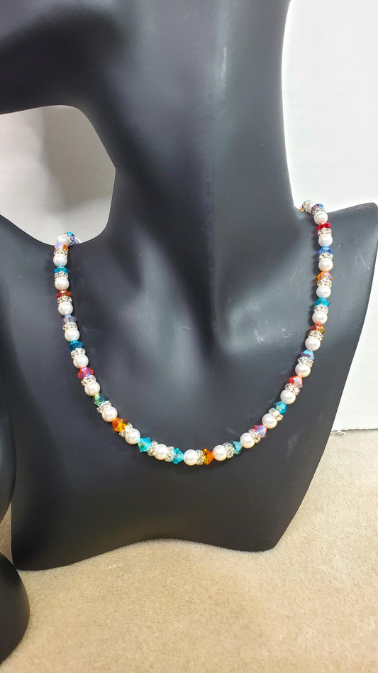 Pearl and Crystal Necklace Multi Rainbow Color Crystal Beaded Pearl Necklace and Bracelet Set Wedding Jewelry