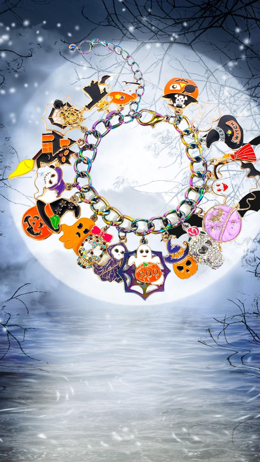 Halloween Charm Bracelet, Pumpkins, Ghost, Spider Webs, Cat, Moon, Crystals